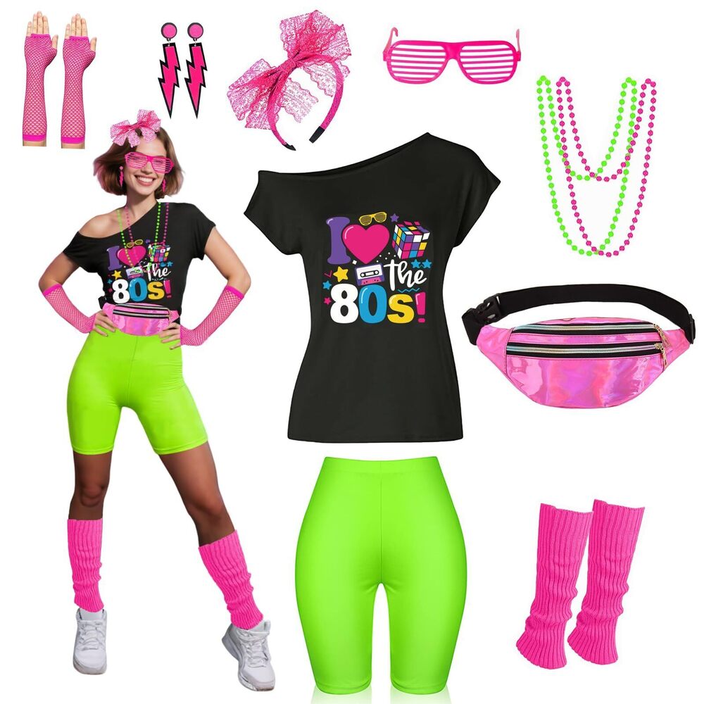 2799 80s Outfit Costume Accessoriess Set T Shirt Shorts Tutu